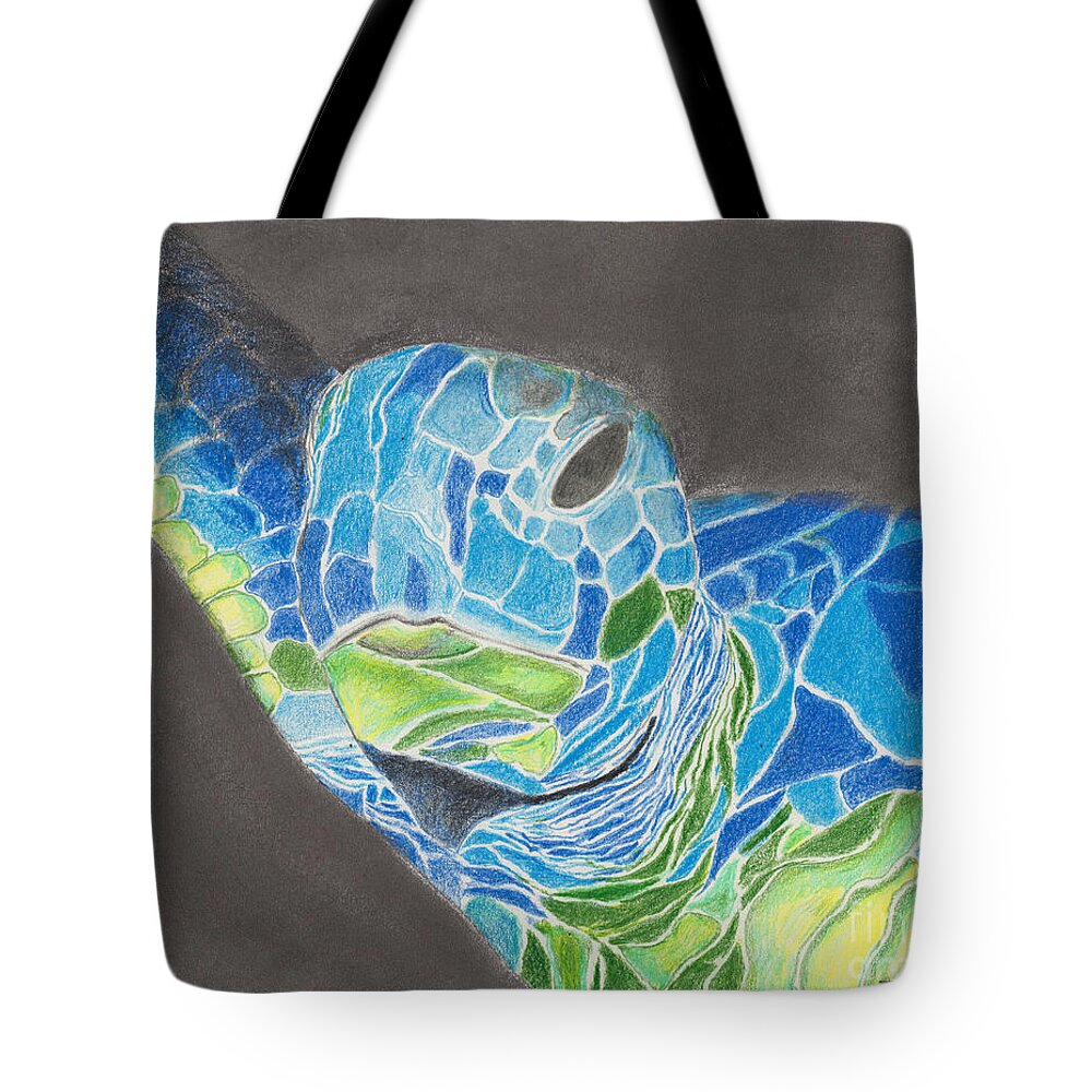 Sea Turtle Tote Bag featuring the drawing Turtle in Blue and Green by David Jackson