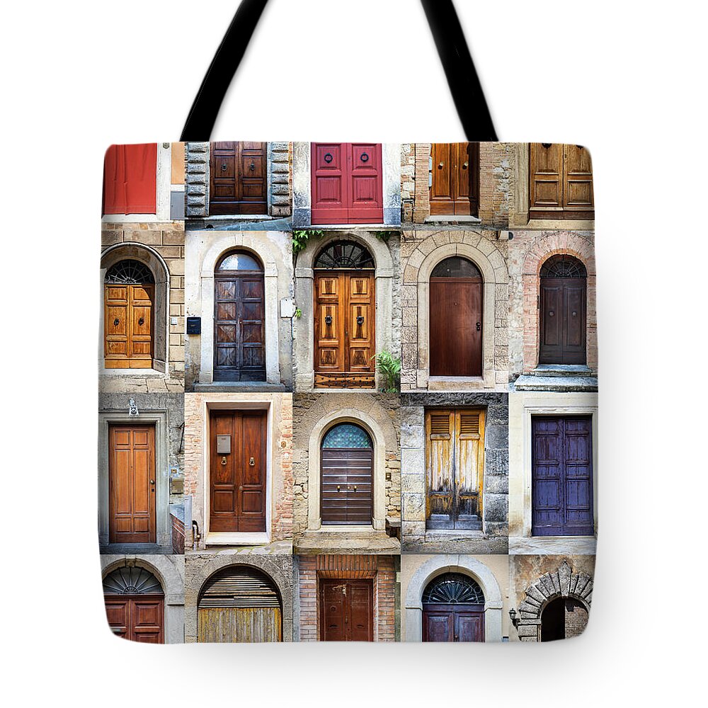 Arch Tote Bag featuring the photograph Tuscan Wooden Doors, Italy by Moreiso