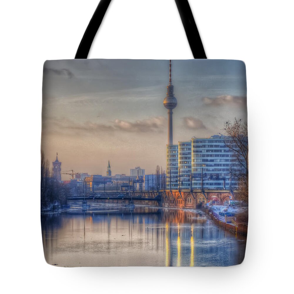 Architecture Tote Bag featuring the digital art TV tower sunset by Nathan Wright