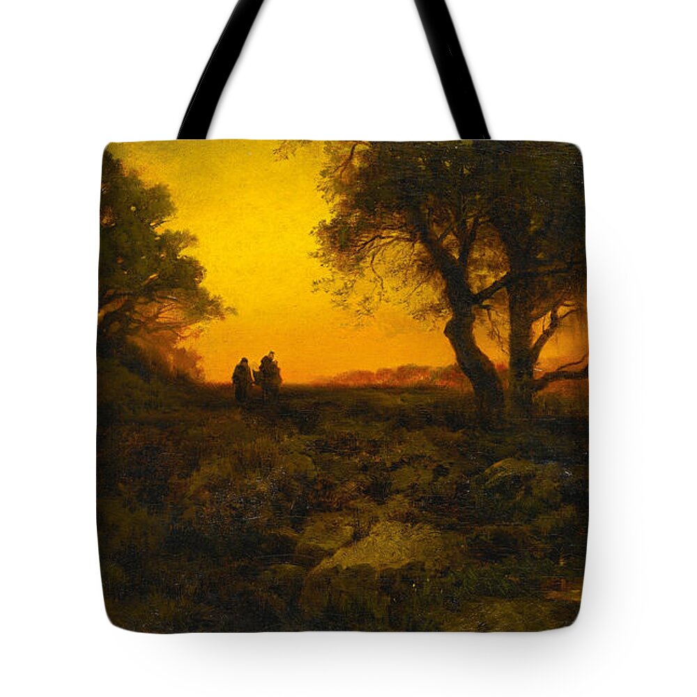 Thomas Moran Tote Bag featuring the painting Twilight Landscape. Flight into Egypt by Thomas Moran