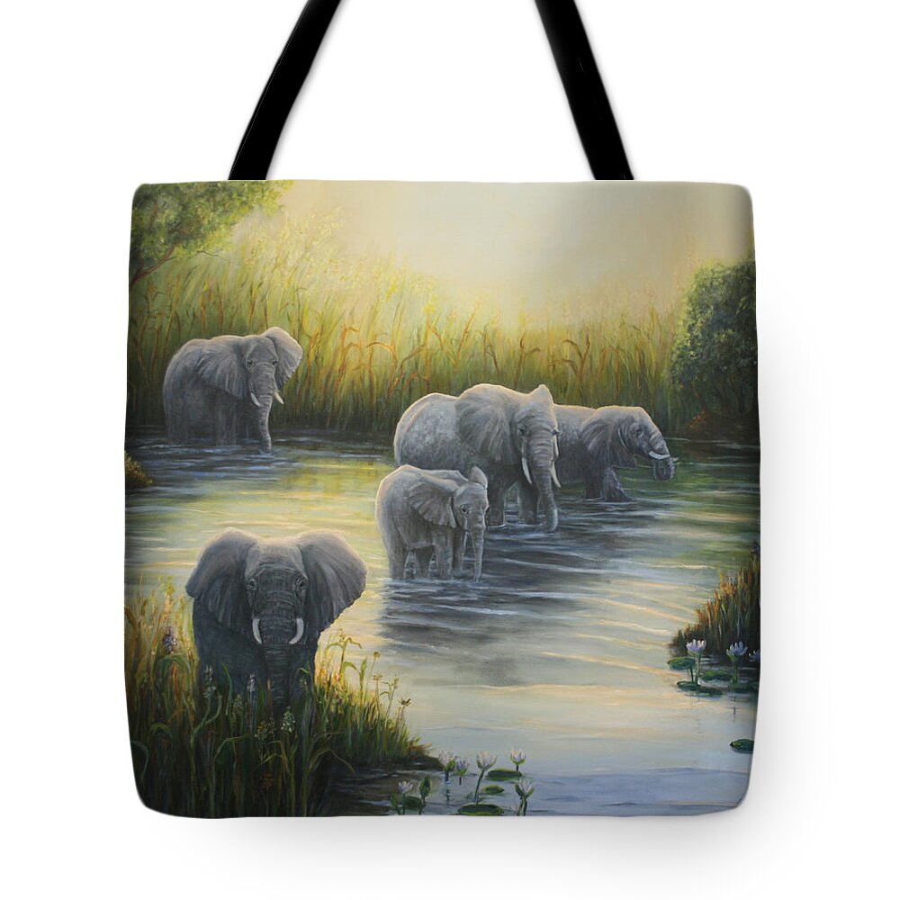 Elephants Tote Bag featuring the painting Twilight on the Zambezi River by June Hunt