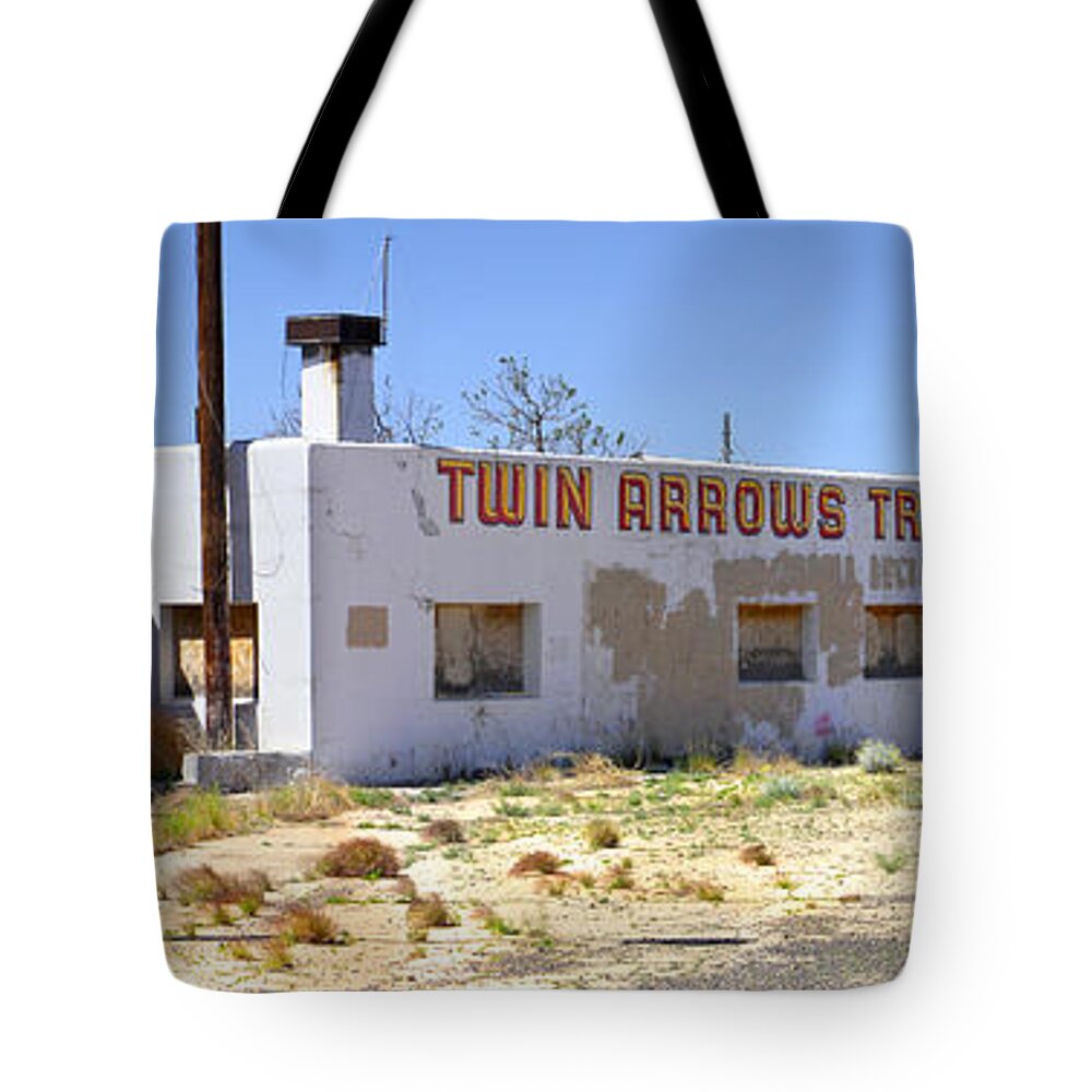 Gas Station Tote Bag featuring the photograph Twin Arrows Trading Post by Mike McGlothlen