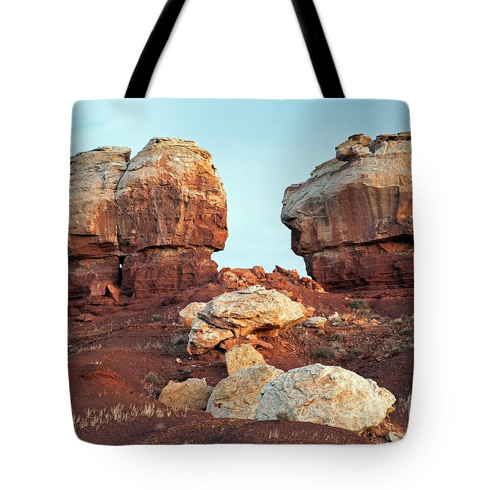 Autumn Tote Bag featuring the photograph Twin Rocks at Sunrise Capitol Reef National Park by Fred Stearns