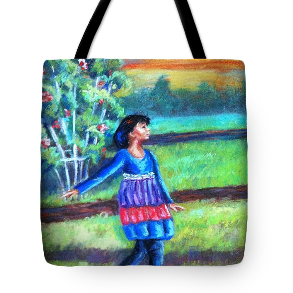 Girl Tote Bag featuring the painting Twirl in Jeans by Beverly Boulet