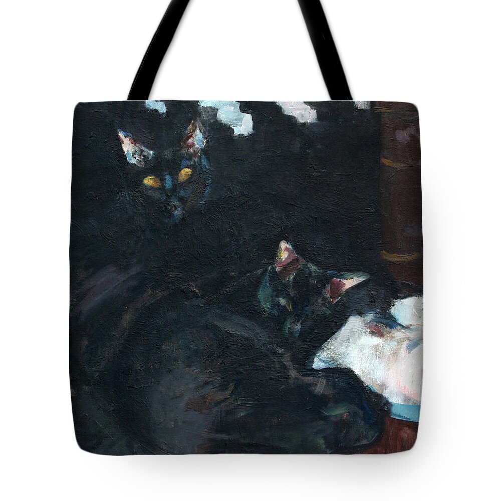 Black Cats Tote Bag featuring the painting Two Black Cats by Anita Dale Livaditis
