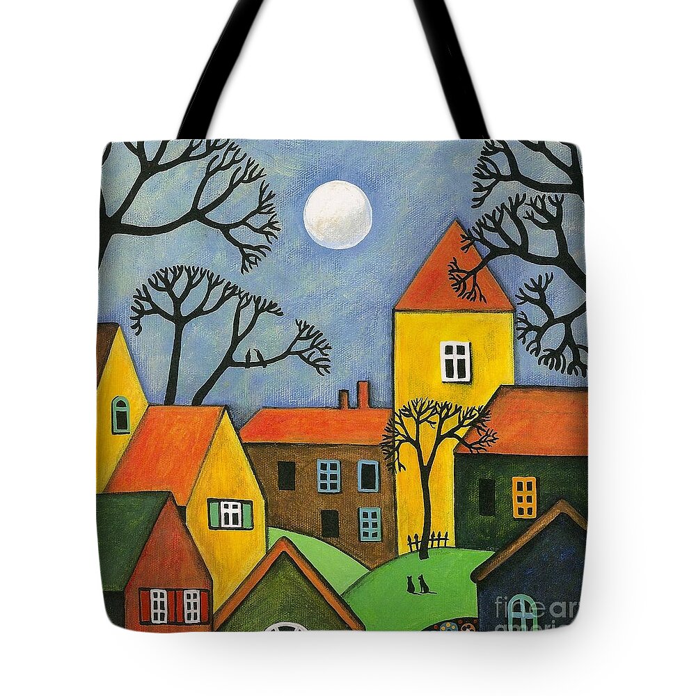 Abstract Tote Bag featuring the painting Two Cats and Two Crows by Margaryta Yermolayeva