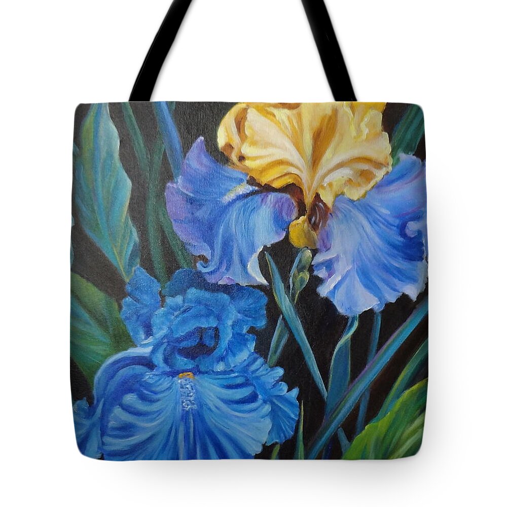 Blue Iris Tote Bag featuring the painting Two Fancy Iris by Jenny Lee