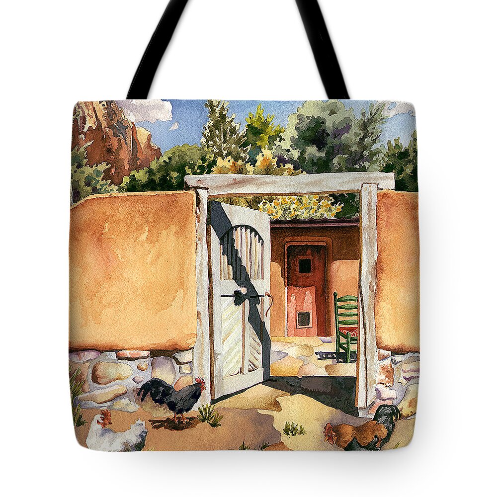 Hen Painting Tote Bag featuring the painting Two Hens and a Rooster at Ghost Ranch by Anne Gifford