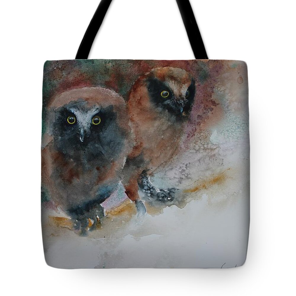 Owls Tote Bag featuring the painting Two Hoots by Ruth Kamenev