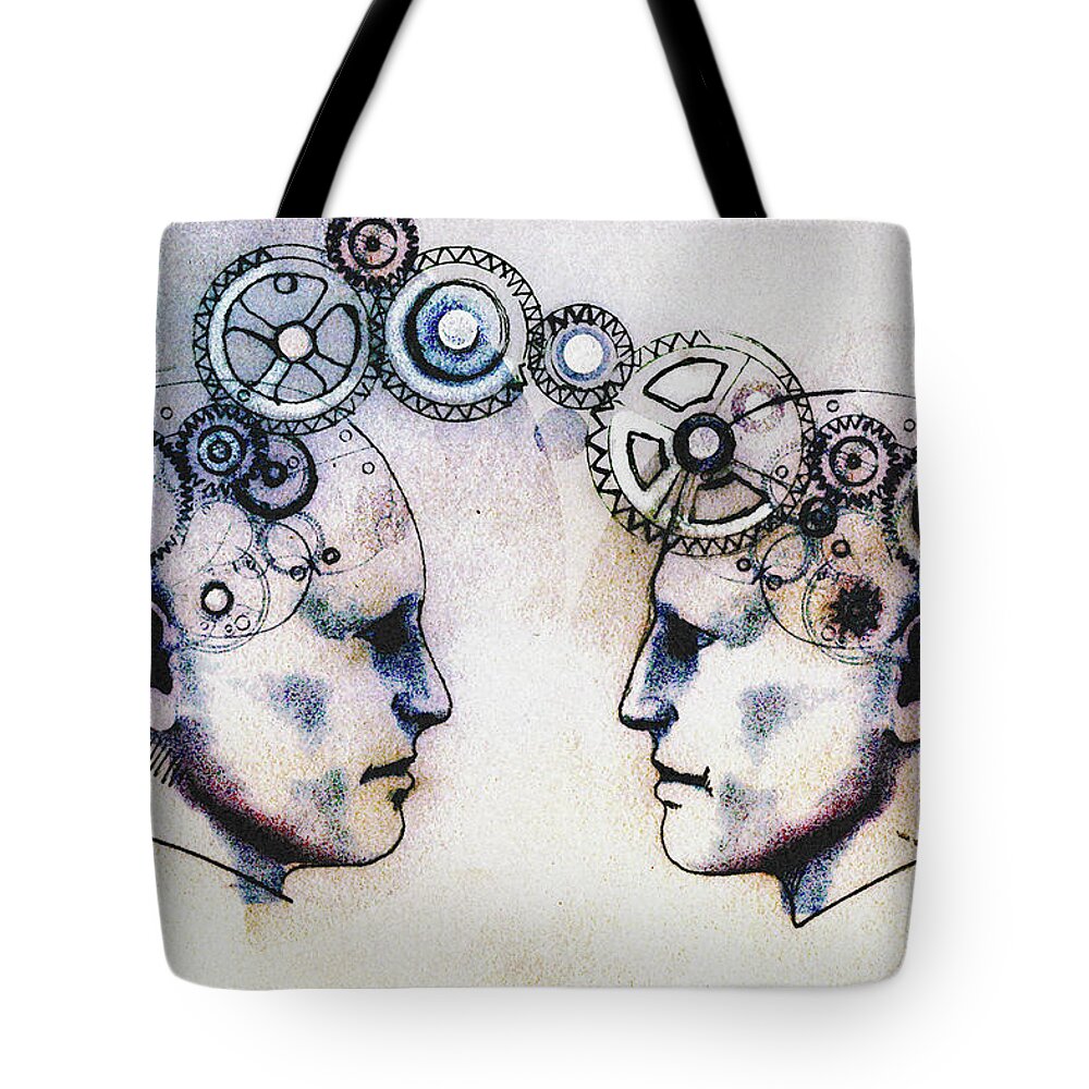 Adult Tote Bag featuring the photograph Two Mens Heads Face To Face Connected by Ikon Ikon Images