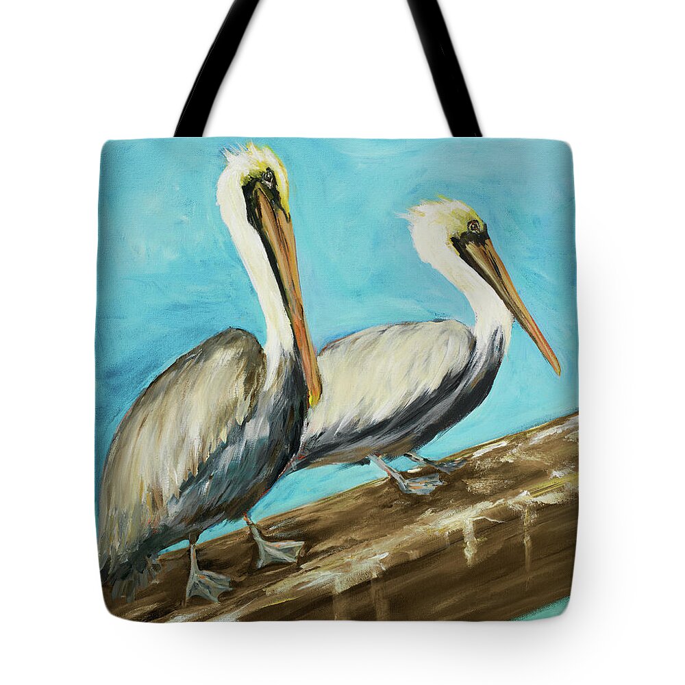 Single Tote Bag featuring the painting Two Pelicans On Dock Rail by Julie Derice