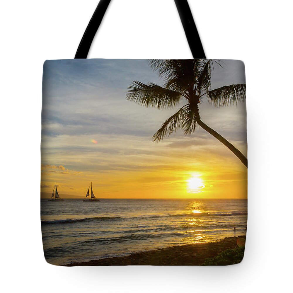 Scenics Tote Bag featuring the photograph Two Sailboats Passing Through The by Tina Case Photography