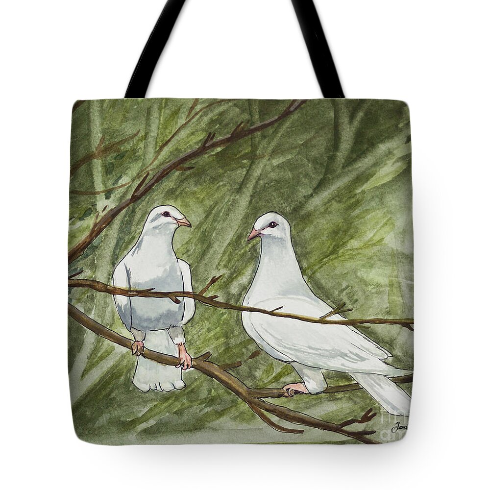 White Tote Bag featuring the painting Two White Doves by Janis Lee Colon