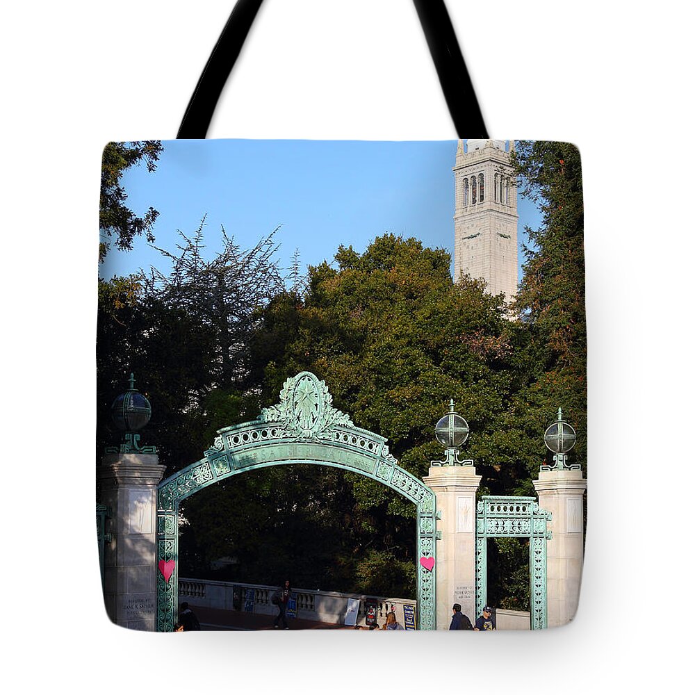Berkeley Tote Bag featuring the photograph UC Berkeley . Sproul Plaza . Sather Gate and Sather Tower Campanile . 7D10027 by Wingsdomain Art and Photography
