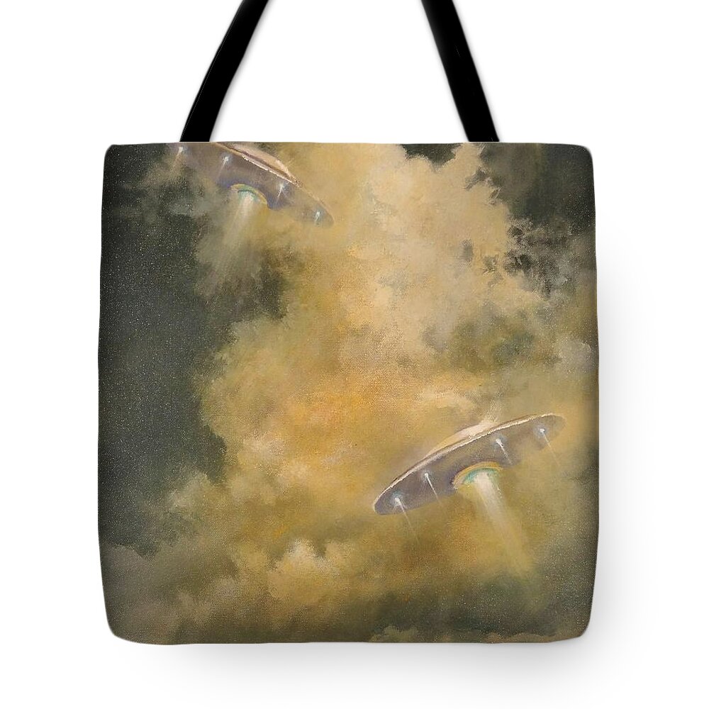Alien Invasion Tote Bag featuring the painting UFO's Breaking Cloud Cover by Tom Shropshire