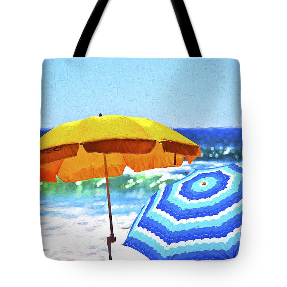 Umbrellas Tote Bag featuring the photograph Umbrellas at the beach by Sheila Smart Fine Art Photography