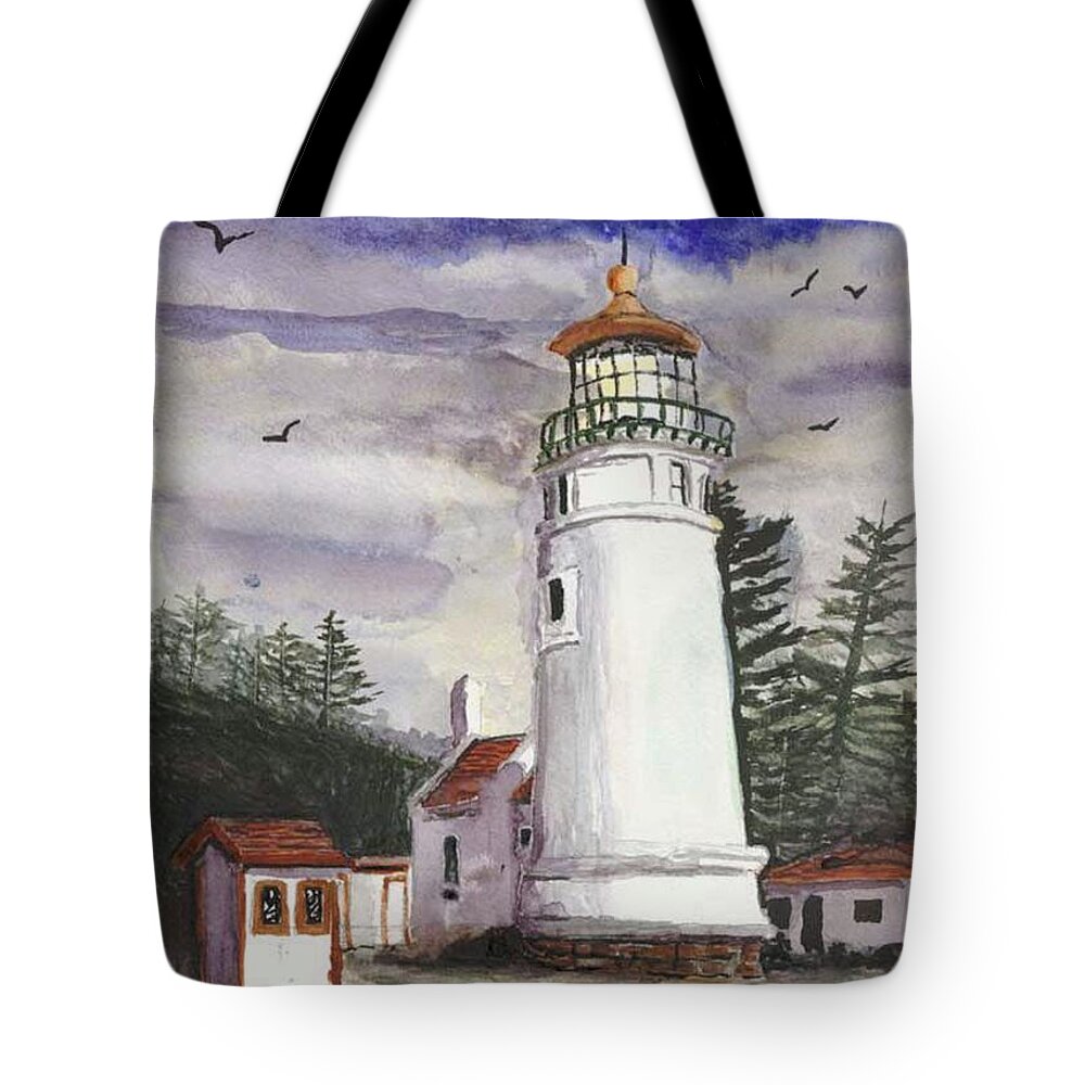 Light House Tote Bag featuring the painting Umpqua Lighthouse by Chriss Pagani