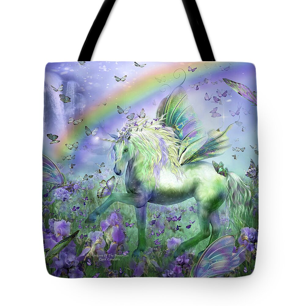 Unicorn Tote Bag featuring the mixed media Unicorn Of The Butterflies by Carol Cavalaris