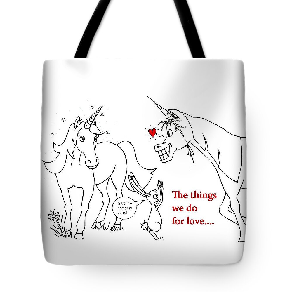Valentine Tote Bag featuring the drawing Unicorn Valentines card by Konni Jensen