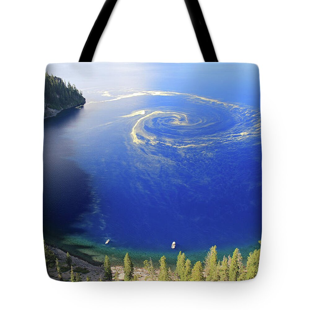 Crater Lake Tote Bag featuring the photograph Unique And Unusual Swirl Of Pollen At by Pierre Leclerc Photography