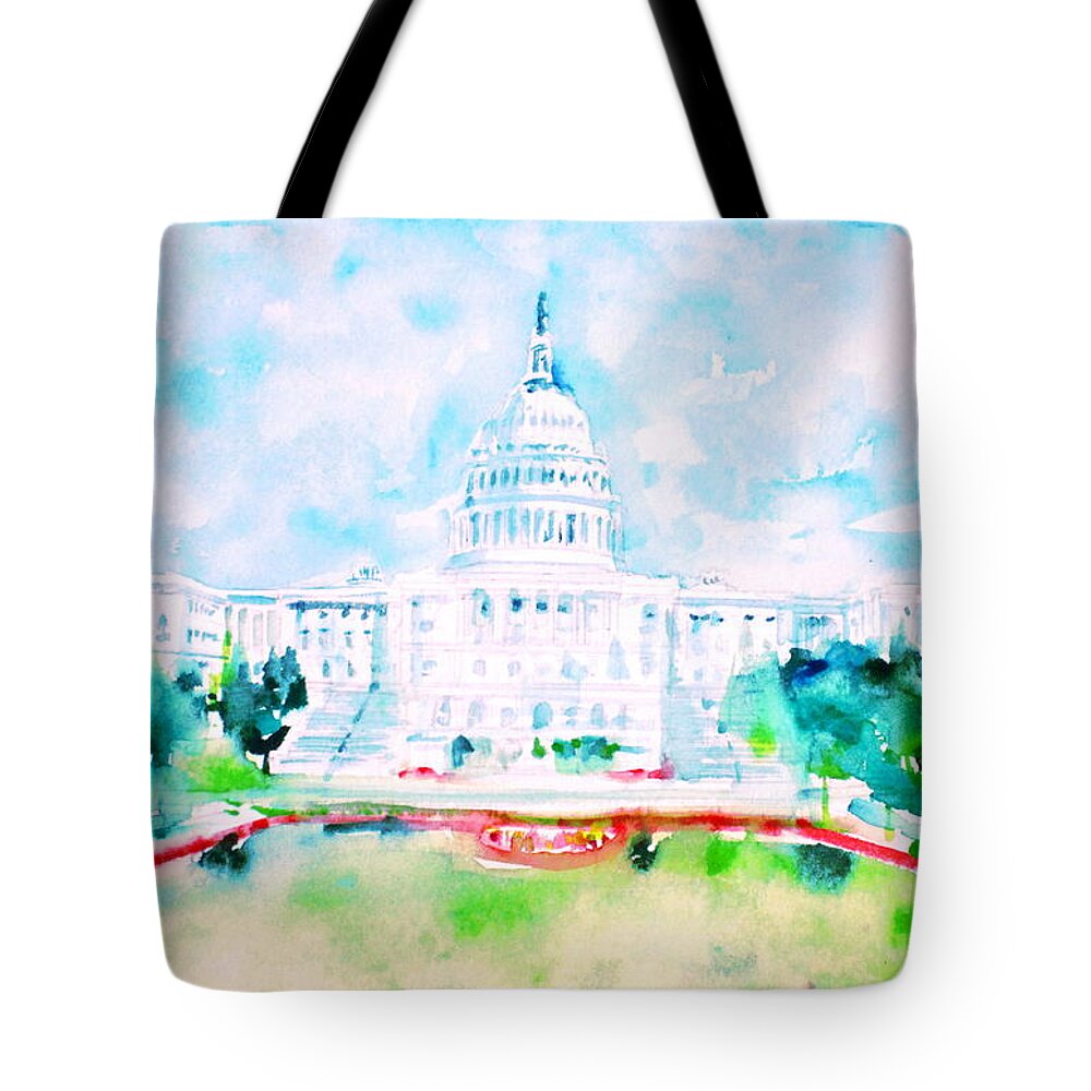United States Capitol Tote Bag featuring the painting UNITED STATES CAPITOL - watercolor portrait by Fabrizio Cassetta