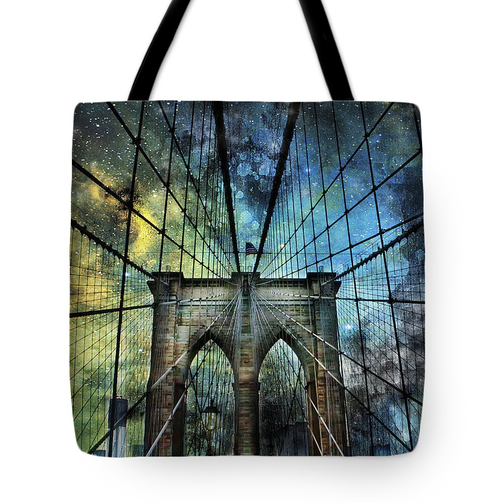 Evie Tote Bag featuring the photograph Universe and the Brooklyn Bridge by Evie Carrier