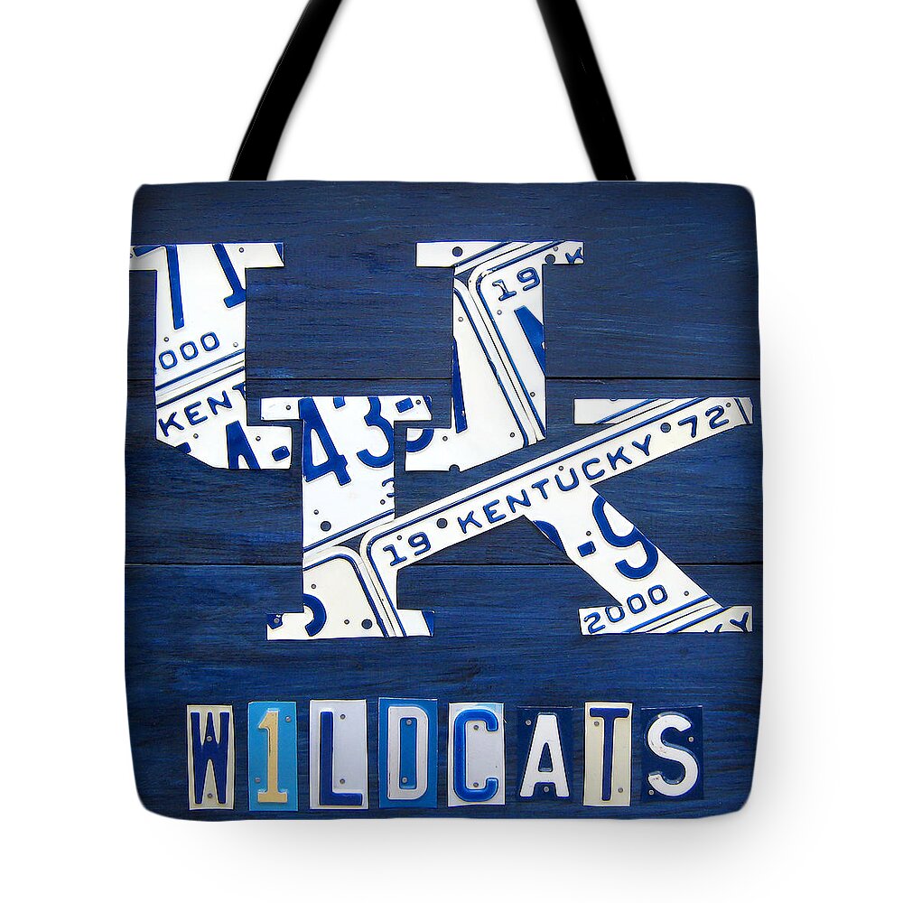 University Of Kentucky Tote Bag featuring the mixed media University of Kentucky Wildcats Sports Team Retro Logo Recycled Vintage Bluegrass State License Plate Art by Design Turnpike