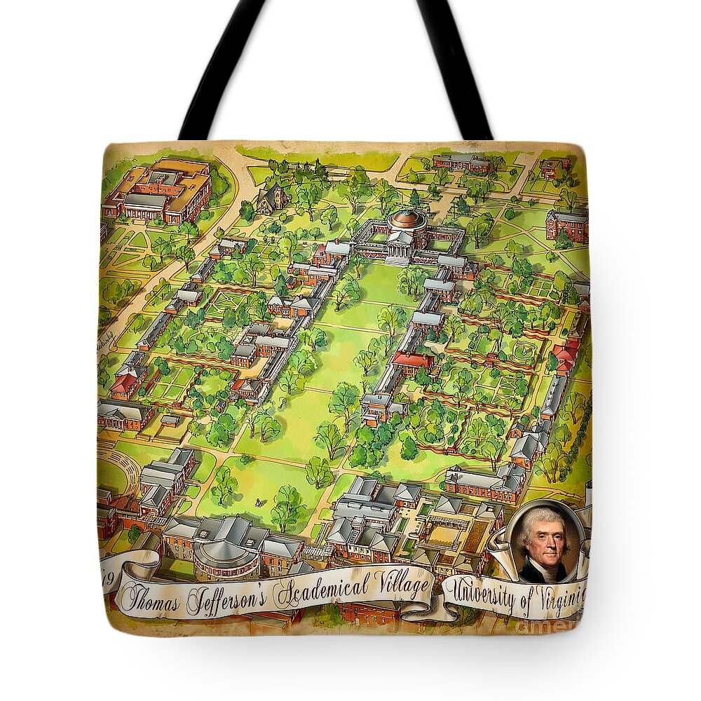 University Of Virginia Tote Bag featuring the painting University of Virginia Academical Village with scroll by Maria Rabinky