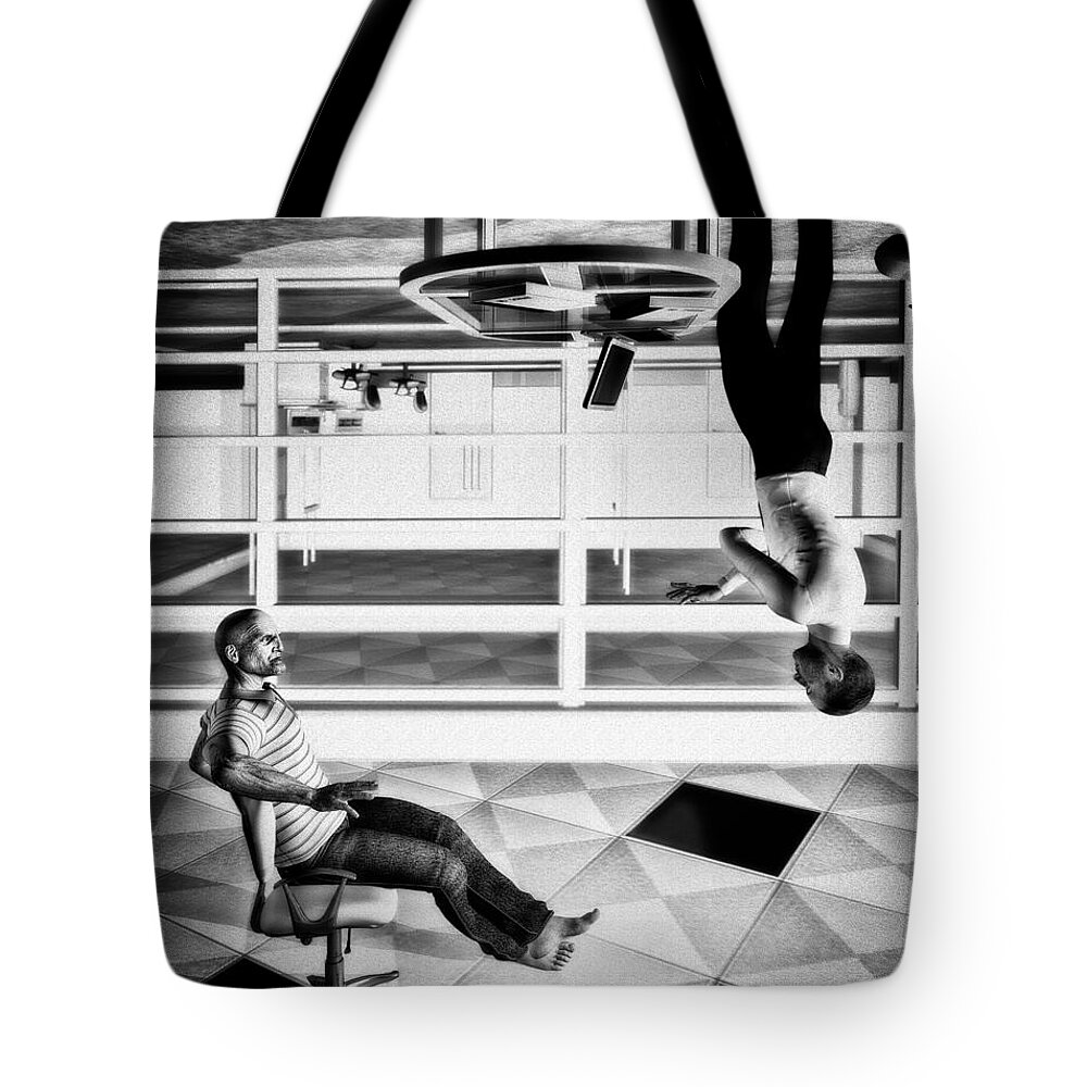 Surreal Tote Bag featuring the digital art Upside Down Conversation by Bob Orsillo