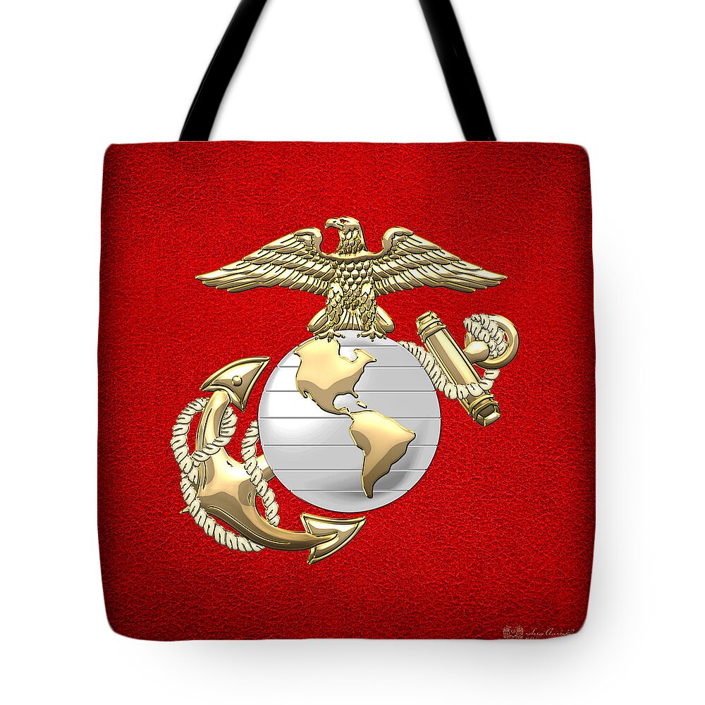 'military Insignia & Heraldry 3d' Collection By Serge Averbukh Tote Bag featuring the digital art U. S. Marine Corps Eagle Globe and Anchor - E G A on Red Leather by Serge Averbukh