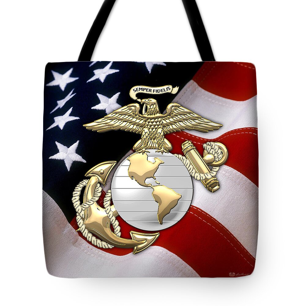'military Insignia & Heraldry 3d' Collection By Serge Averbukh Tote Bag featuring the digital art U. S. Marine Corps - U S M C Eagle Globe and Anchor over American Flag. by Serge Averbukh