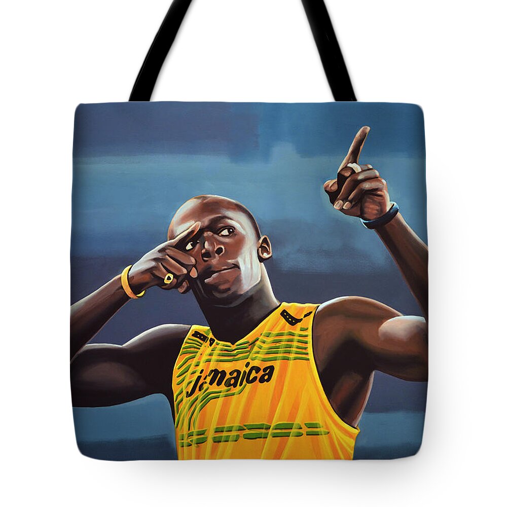 Usain Bolt Tote Bag featuring the painting Usain Bolt Painting by Paul Meijering