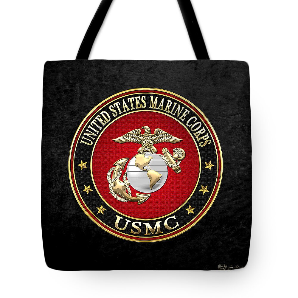 'military Insignia & Heraldry 3d' Collection By Serge Averbukh Tote Bag featuring the digital art U S M C Eagle Globe and Anchor - E G A on Black Velvet by Serge Averbukh