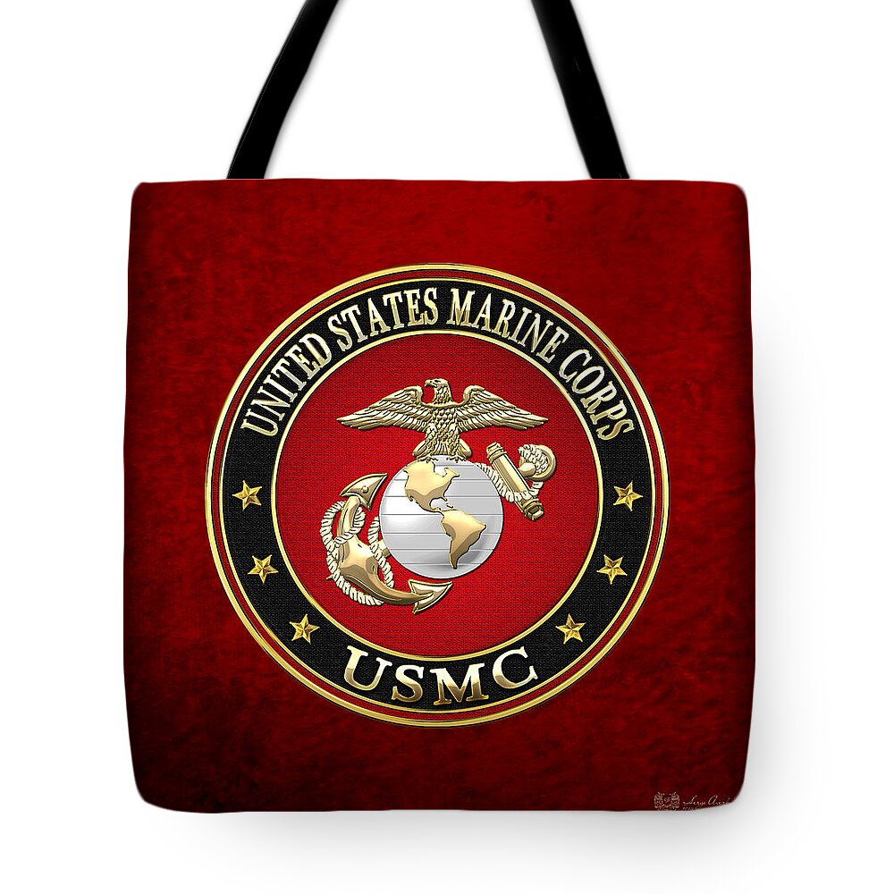 'military Insignia & Heraldry 3d' Collection By Serge Averbukh Tote Bag featuring the digital art U S M C Eagle Globe and Anchor - E G A on Red Velvet by Serge Averbukh