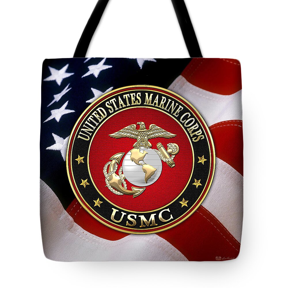 'usmc' Collection By Serge Averbukh Tote Bag featuring the digital art U S M C Eagle Globe and Anchor - E G A over American Flag. by Serge Averbukh