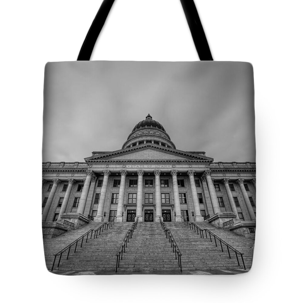 Hdr Tote Bag featuring the photograph Utah State Capitol Building BW by Michael Ver Sprill