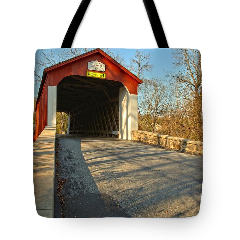 Can Sant Covered Bridge Tote Bag featuring the photograph Van Sant Covered Bridge by Adam Jewell