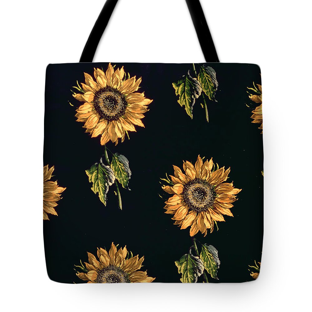 Fabric; Sunflower; Sunflowers; Floral; Yellow; Floating; Textile; Textile Design; Silk; Decor; Decoration; Pattern; Patterns; Repetition; Repeat; Green; Yellow; Maison Ogier; Lyon Duplan; French; French School; Designed; Designed By; Print; Fabric; Manufactured; Manufacture; Clothing; Tote Bag featuring the painting Velours au Sabre by French school designed by Maison Ogier and Lyon Duplan