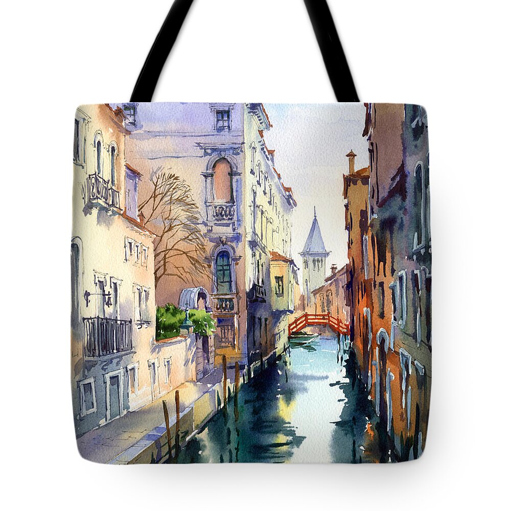 Venetian Canal Tote Bag featuring the painting Venetian Canal V by Maria Rabinky