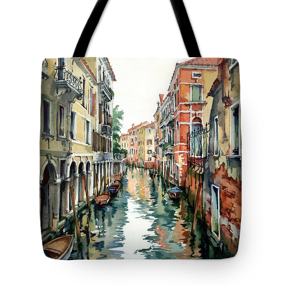 Venetian Canal Tote Bag featuring the painting Venetian Canal VII by Maria Rabinky