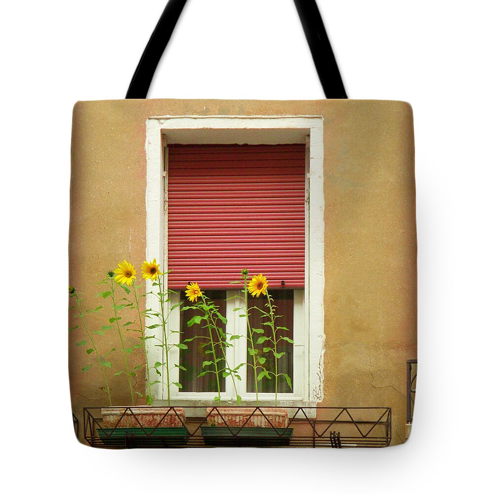 Venice Tote Bag featuring the painting Venice Italy Yellow Flowers Red Shutter by Robyn Saunders