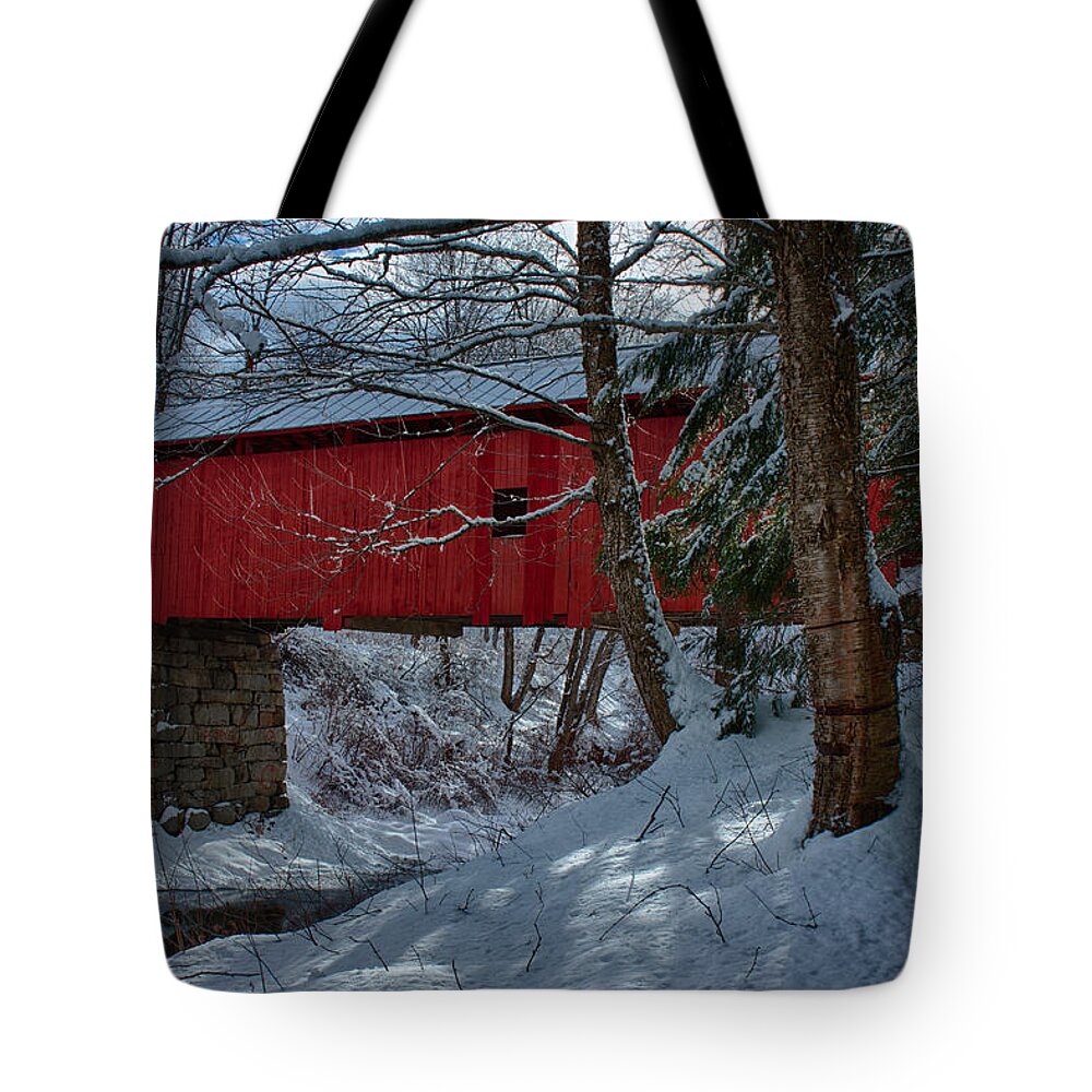 Slaughterhouse Covered Bridge Tote Bag featuring the photograph Vermont covered bridge winter afternoon by Jeff Folger