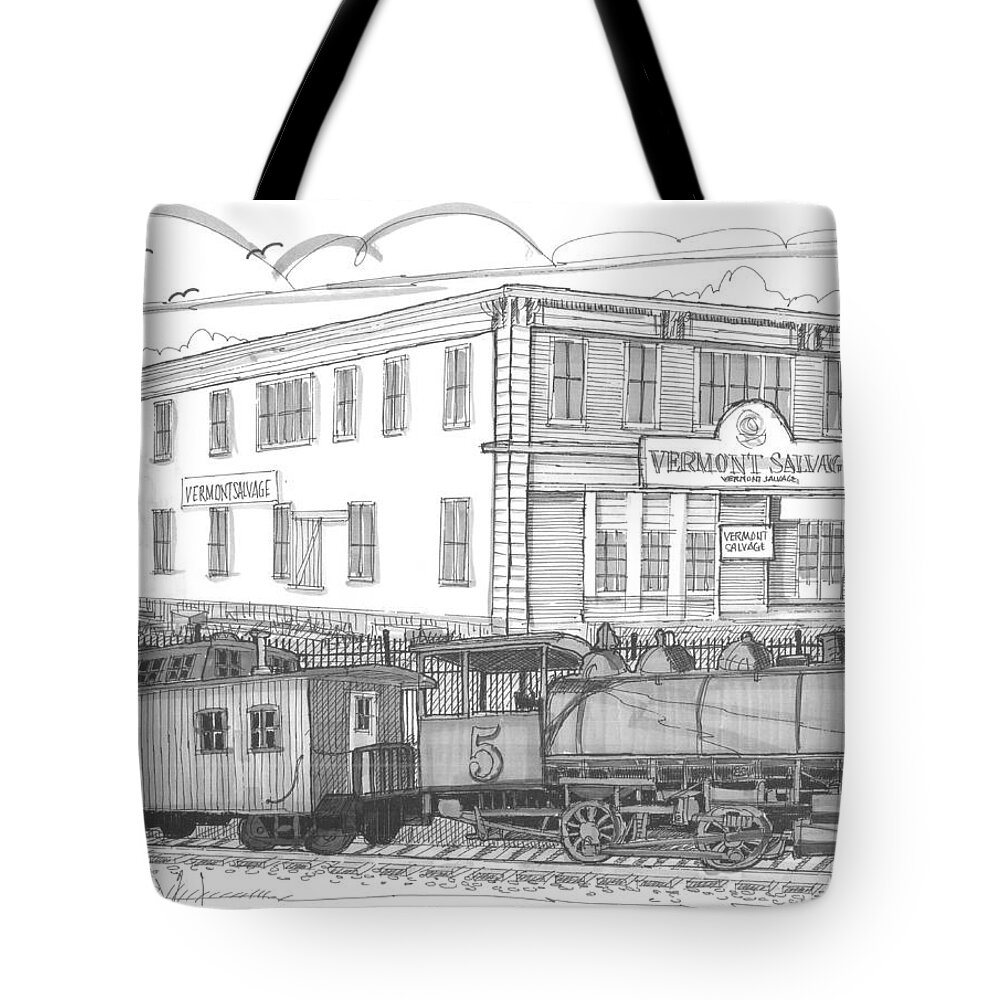 Vermont Salvage Company Tote Bag featuring the drawing Vermont Salvage and Train by Richard Wambach