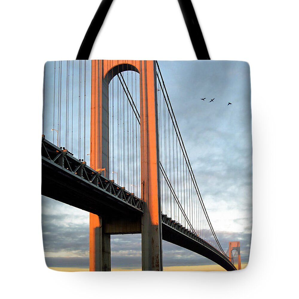 Verrazano Bridge Tote Bag featuring the photograph Verrazano Bridge at Sunrise - Verrazano Narrows by Gary Heller