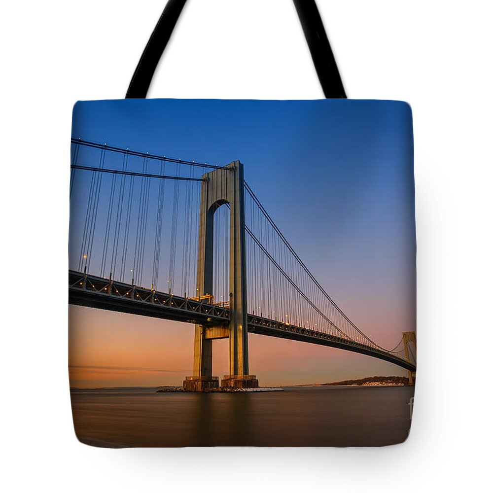 Verrazano Bridge Tote Bag featuring the photograph Verrazano Bridge Sunrise by Michael Ver Sprill