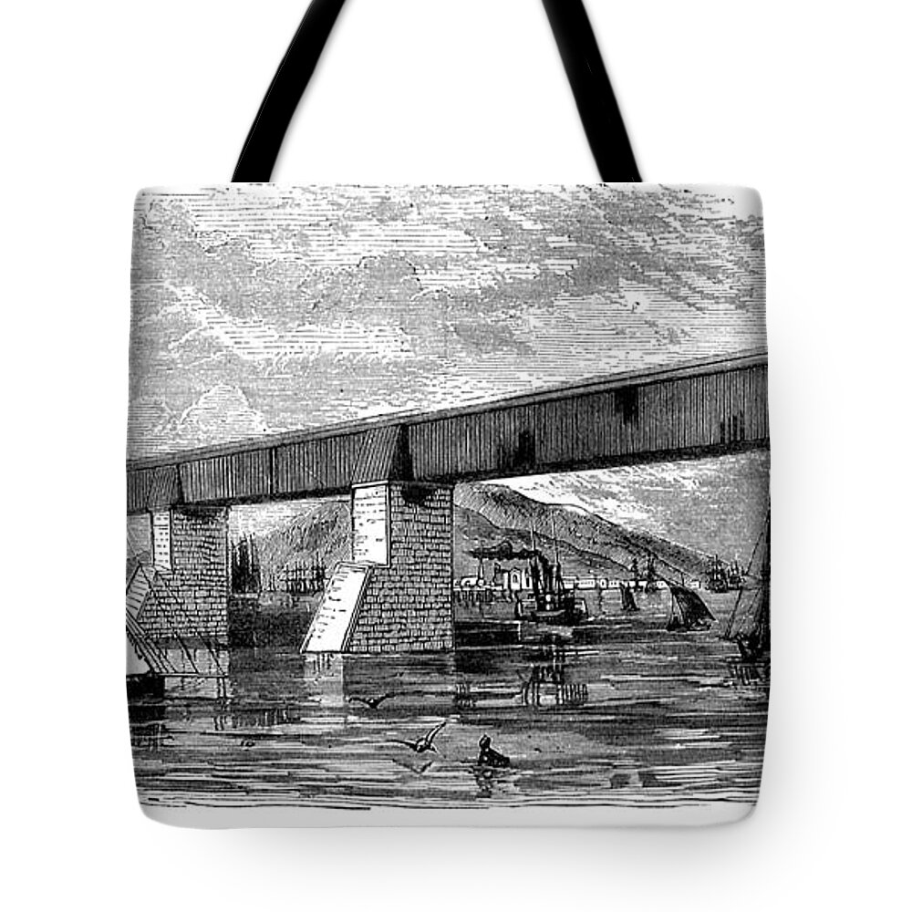Canada Tote Bag featuring the drawing Victoria Bridge - Quebec - 1878 by Art MacKay