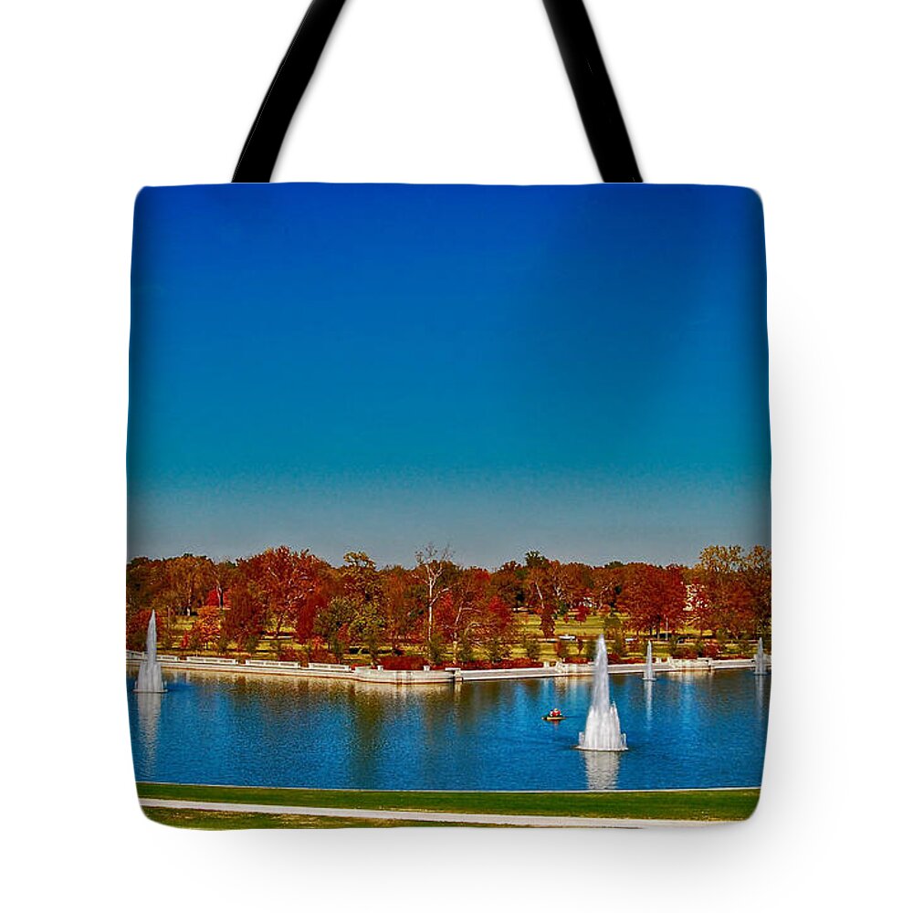 Landscape Photography Tote Bag featuring the photograph View from Art Hill Forest Park Missouri by Peggy Franz