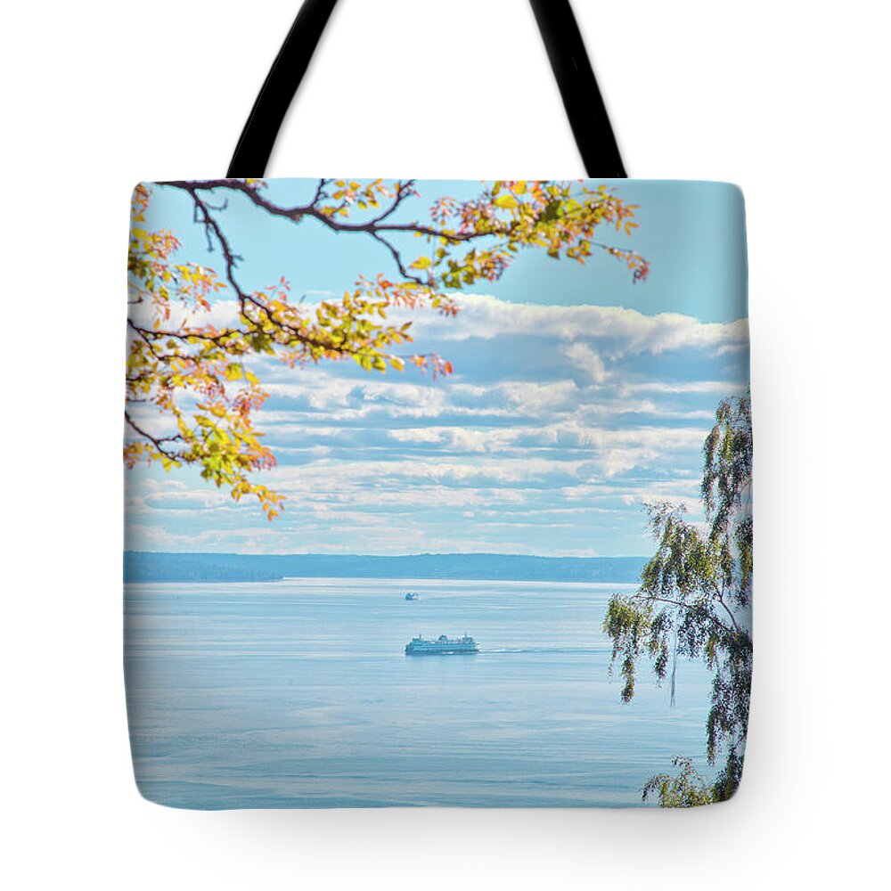 Tranquility Tote Bag featuring the photograph View Of Ferry On Puget Sound by Mel Curtis
