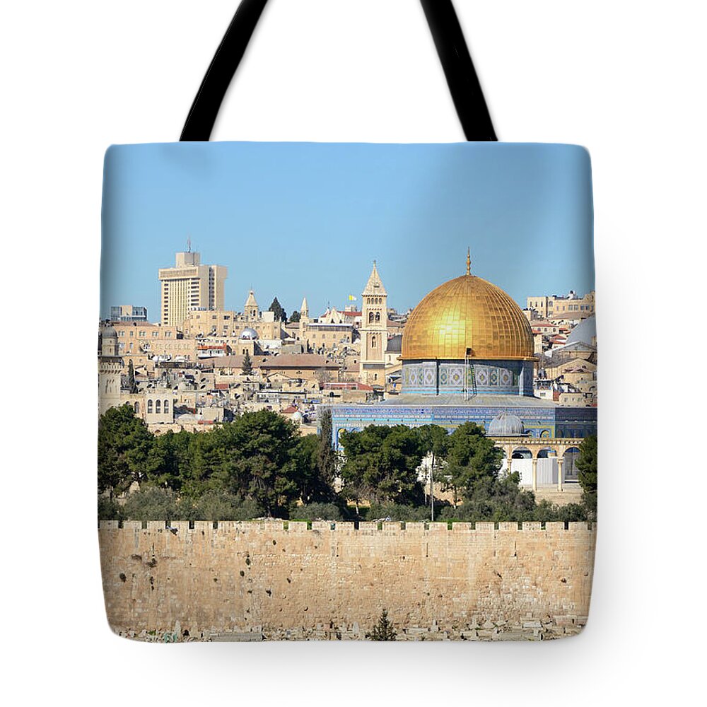 Dome Of The Rock Tote Bag featuring the photograph View Of Jerusalem Skyline From Mount Of by Madzia71