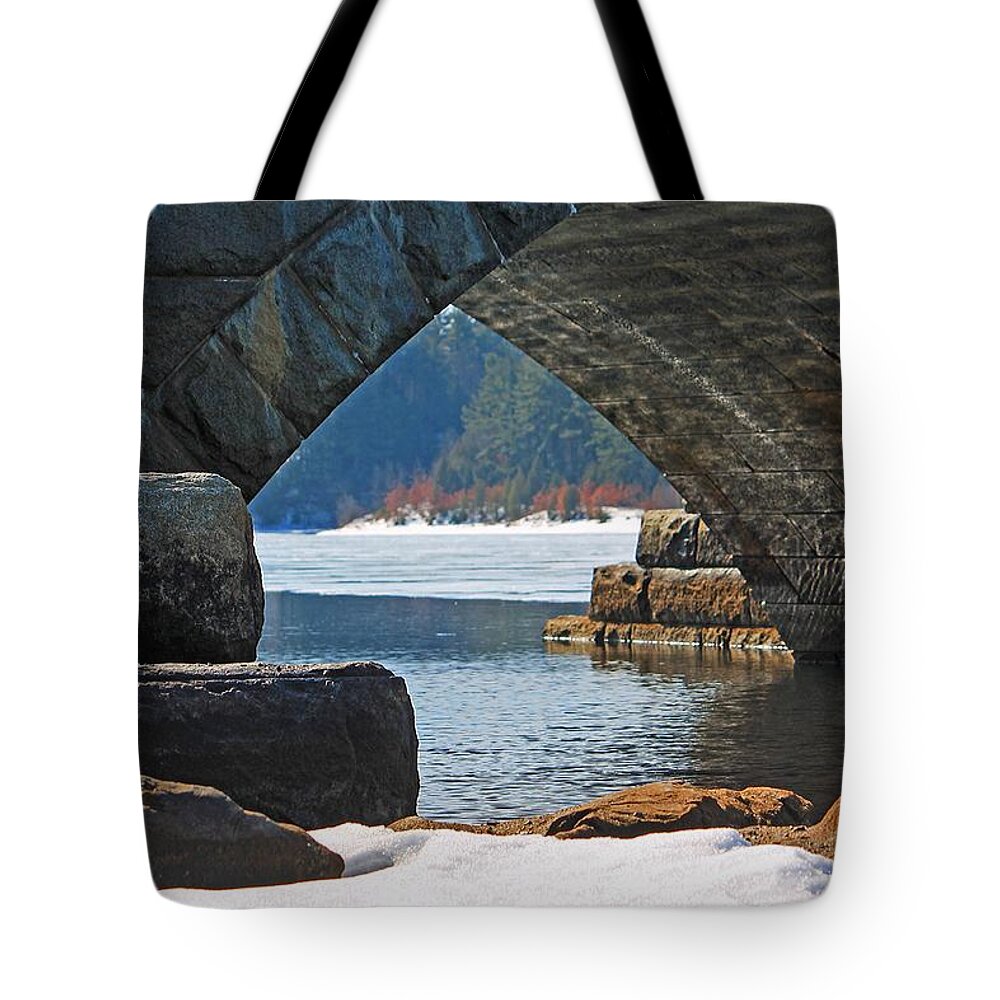 Bridge Tote Bag featuring the photograph View of Wachusett Reservoir from Under Bridge by Michael Saunders
